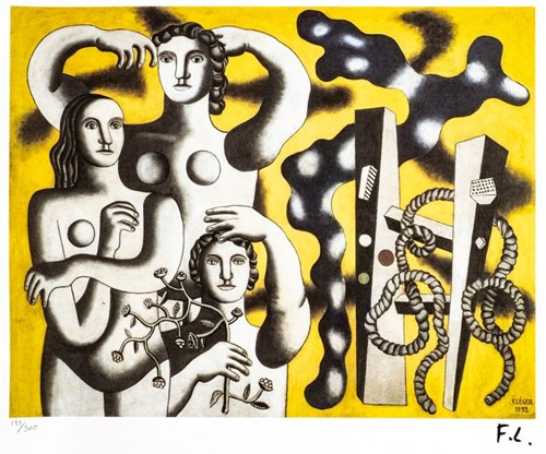 Grafika do salonu artysty Fernand Léger pod tytułem Kompozycja z trzema postaciami (195 z 300), l. 80. XX w., wyd. Artis