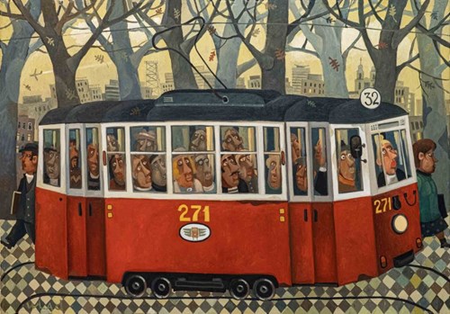 Living room painting by Wladislaw Stalmachow titled Old tram