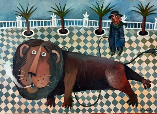 Living room painting by Wladislaw Stalmachow titled Walking with a lion