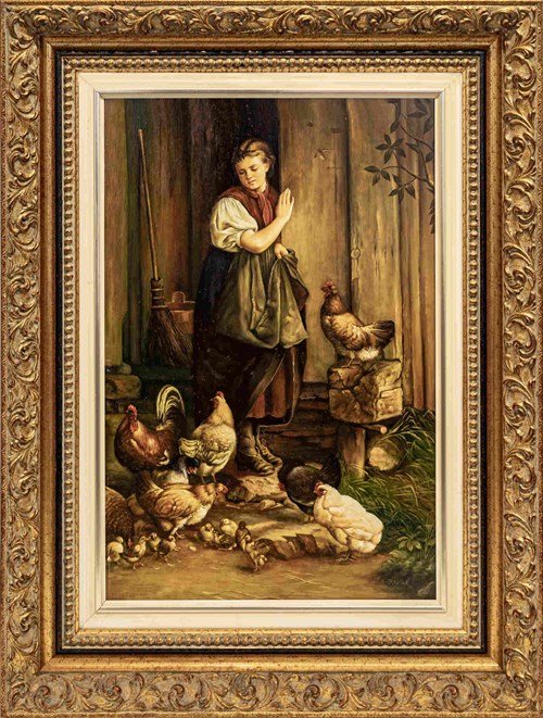 Obraz do salonu artysty K.S. Biker pod tytułem Dziewczyna z kurami, II poł. XX wieku