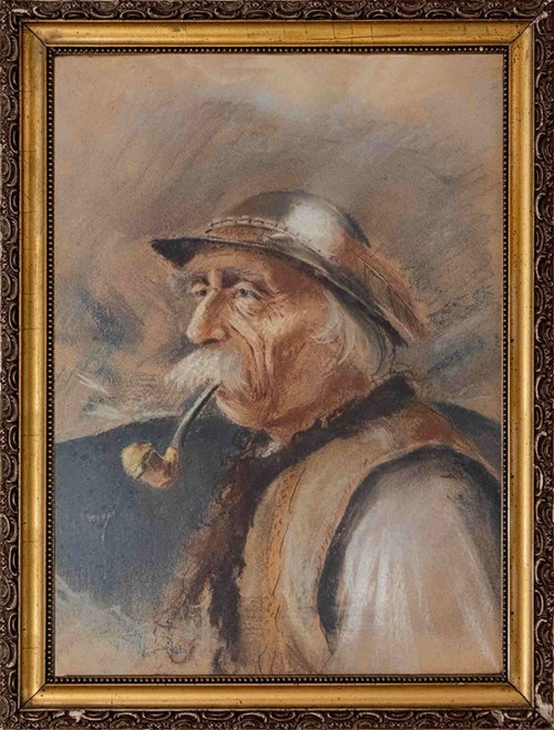 Living room painting by Stanisław Górski titled Highlander with a pipe, 20th century