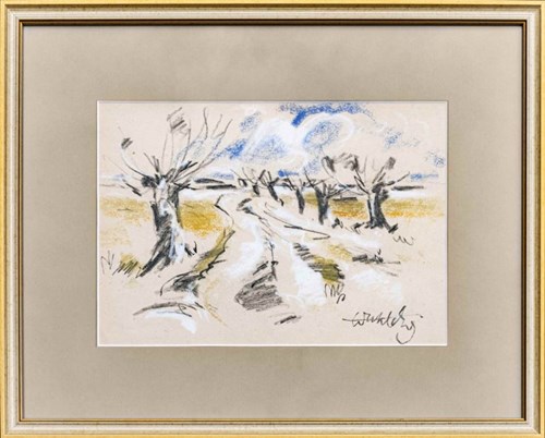 Living room painting by Wiktor Zinn titled untitled (Landscape with willows), 20th century