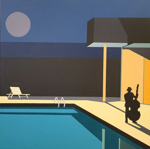 Living room painting by Jean-Claude Plewniak titled Moon, double Bass and swimming pool