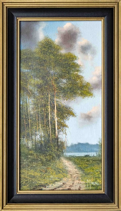 Living room painting by Bohdan Piasecki titled Summer - pine trees