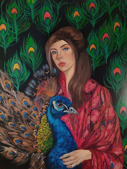 Living room painting by Kinga Zawidlak titled Peacock Eye