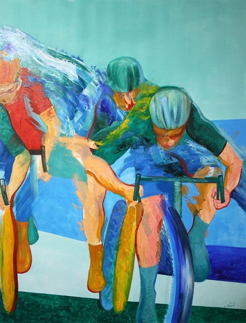 Living room painting by Cyprian Nocoń titled Cyclists