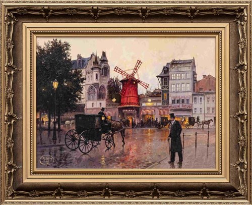 Living room painting by Mirosław Szeib titled Enchanted carriage LXX (Moulin Rouge)