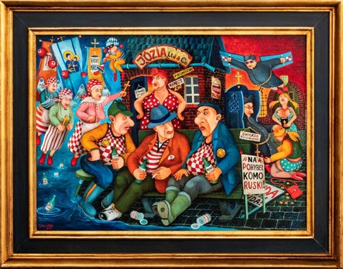 Living room painting by Jacek Lipowczan titled Voters, or waiting for miracles (no. 114)