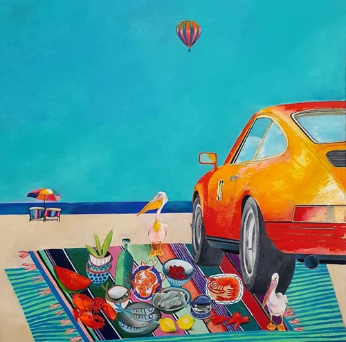 Living room painting by Hanna Grzywa titled Breakfast on the beach