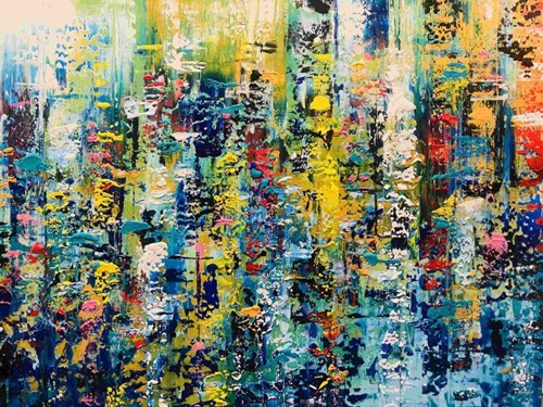 Living room painting by Marta Dunal titled Harmony of Fleeting Worlds