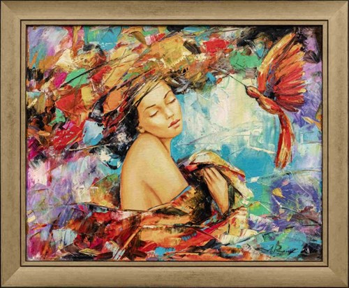 Living room painting by Alicja Ressa titled Woman and hummingbird