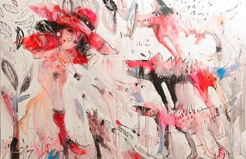 Obraz do salonu artysty Dariusz Grajek pod tytułem Czerwony Kapturek i wilcy