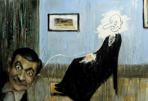 Living room painting by Dariusz Grajek titled Mr. Bean and Whistler's Mother