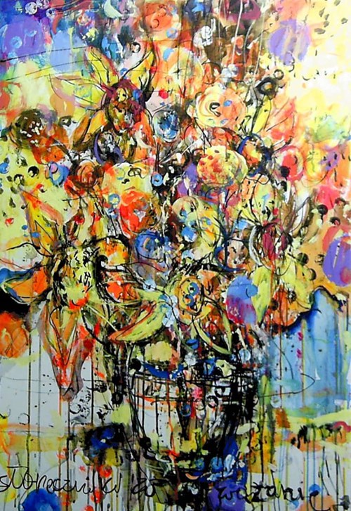 Living room painting by Dariusz Grajek titled Sunflowers in vassel