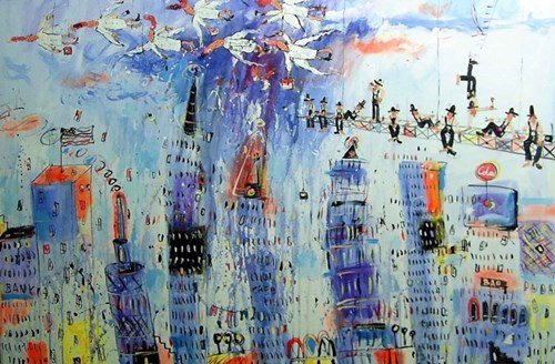 Living room painting by Dariusz Grajek titled Angels Above New York