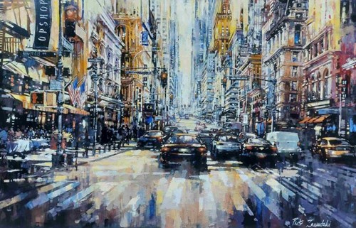Living room painting by Piotr Zawadzki titled Metropolis. New York Broadway life part 3