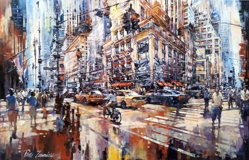 Living room painting by Piotr Zawadzki titled Metropolis. Manhattan 5th Avenue morning