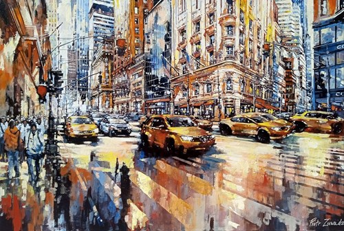 Living room painting by Piotr Zawadzki titled Metropolis. 689 Fith Avenue New York
