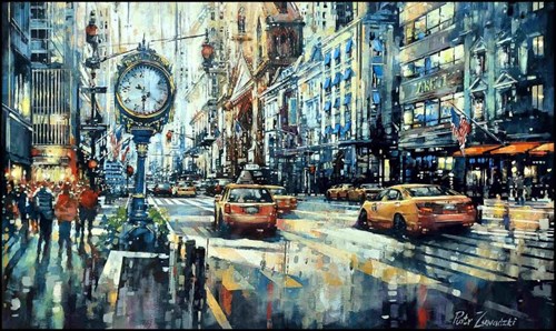 Living room painting by Piotr Zawadzki titled Metropolis. Trump Tower New York