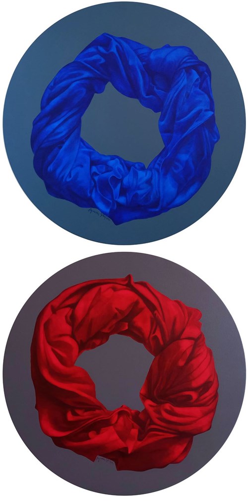 Living room painting by Agnieszka Sitko titled Diptych - Red and Blue on Grey