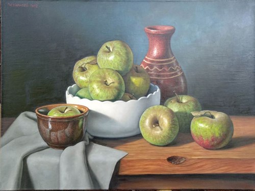 Living room painting by Wojciech Piekarski titled Still life with green apples