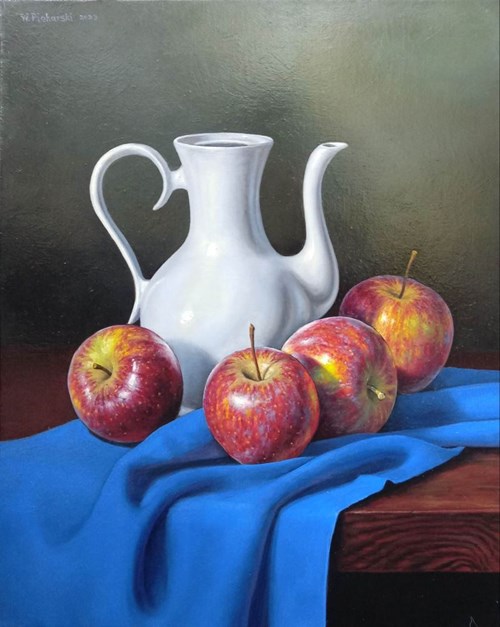 Obraz do salonu artysty Wojciech Piekarski pod tytułem Martwa natura z dzbankiem i jabłkami