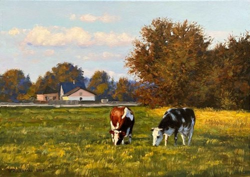 Living room painting by Wojciech Piekarski titled Landscape with Cows