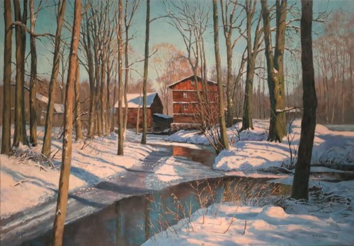 Living room painting by Wojciech Piekarski titled Winter landscape with a mill
