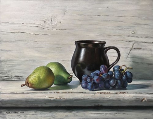 Living room painting by Wojciech Piekarski titled Still life with pears