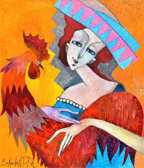 Living room painting by Jan Bonawentura Ostrowski titled Woman With Rooster