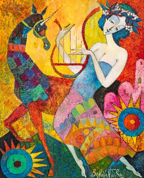 Living room painting by Jan Bonawentura Ostrowski titled The Muse and the Unicorn