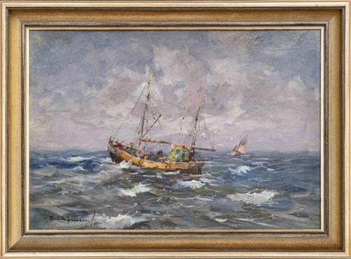 Living room painting by Eugeniusz Dzierżencki titled Cutter, 20th century