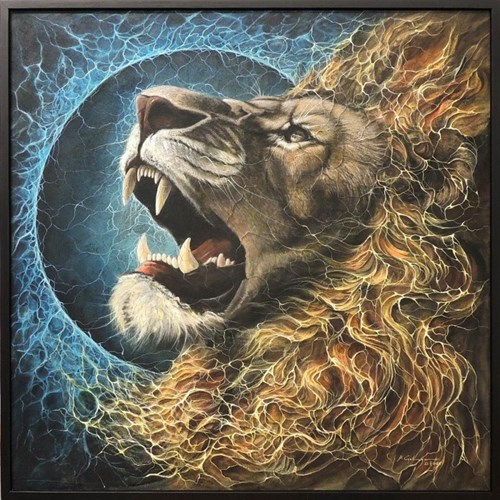 Living room painting by Michał Engelmajer titled Energy lion