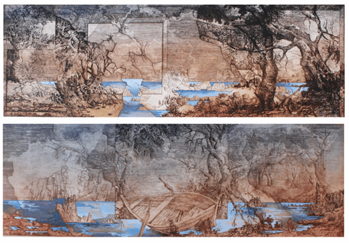 Living room print by Krzysztof Wieczorek titled Two Horizontal Landscapes and Dutch Sketch (diptych)