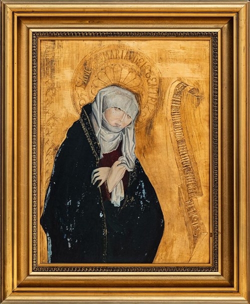 Living room painting by Anna Włodarczyk-Sętorek titled Our Lady of Sorrows (based on a 15th-century triptych)