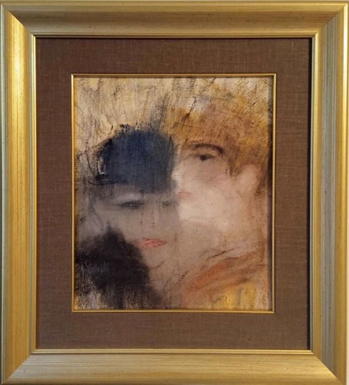 Living room painting by Andrzej Wiśniewski titled Couple in embrace