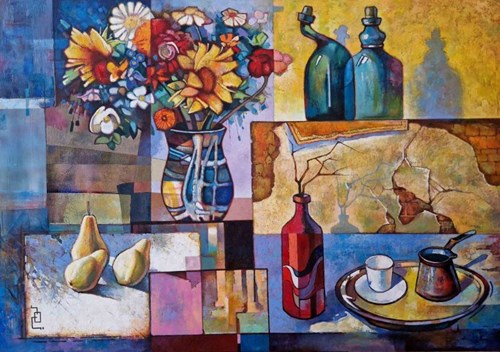 Living room painting by David Bagalishvili titled Still life with pears