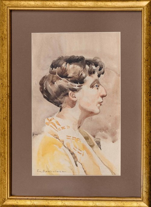 Living room painting by Emilia Knausówna titled Portrait of a Woman in a Yellow Dress