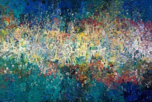 Living room painting by Kamil Gos titled Mirrored Remnants of Restraint