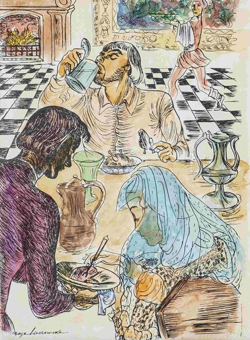 Living room painting by Maja Berezowska titled Feast from the Short Discourse between the Lord, the Mayor and the Priest