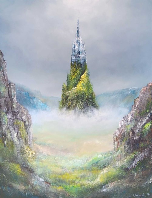 Living room painting by Andrzej Fronczak titled Valley Temple