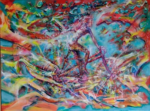 Living room painting by Łukasz Jankiewicz titled Red bicycle