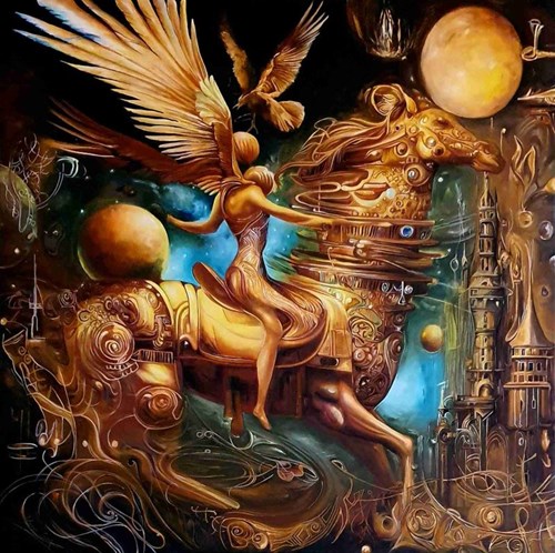 Living room painting by J. Aurelia Sikiewicz-Wojtaszek titled Gilgamesh the secret of immortality