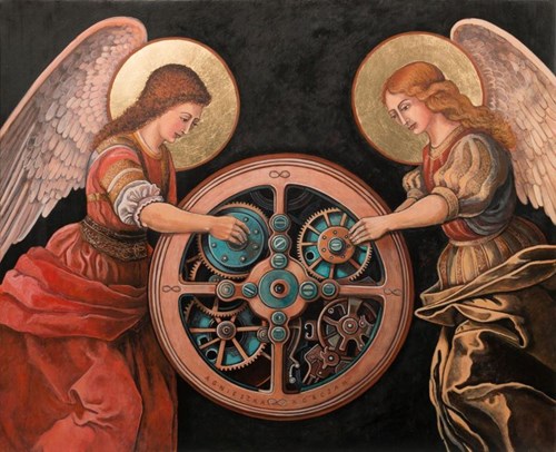 Living room painting by Agnieszka Korczak titled Angels of time