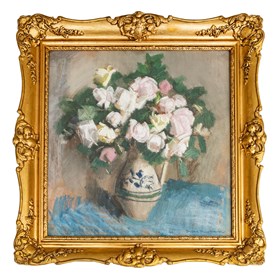 Bukiet róż na błękitnym obrusie