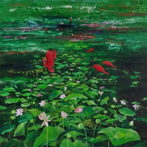 Living room painting by Patrycja Kruszyńska-Mikulska titled Lotus Paradise