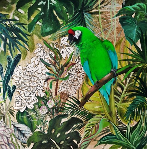 Living room painting by Patrycja Kruszyńska-Mikulska titled Green Parrot