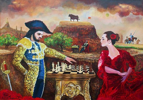 Living room painting by Stanisław Tomalak titled Chess allegory - Spanish game