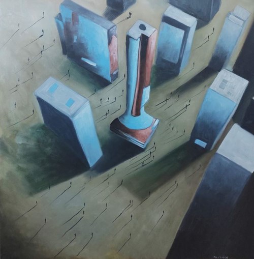 Living room painting by Filip Łoziński titled Shadows of the city