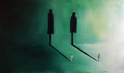 Obraz do salonu artysty Filip Łoziński pod tytułem Zielona kompozycja z dwójką ludzi i ich cieniami